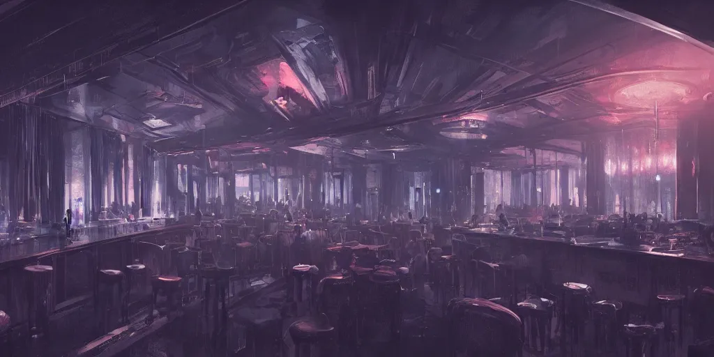 Prompt: Interior of a noir night club, Greg Rutkowski, Feng Zhu, trending on Artstation, 8K, ultra wide angle, establishing shot, pincushion lens effect, zenith view