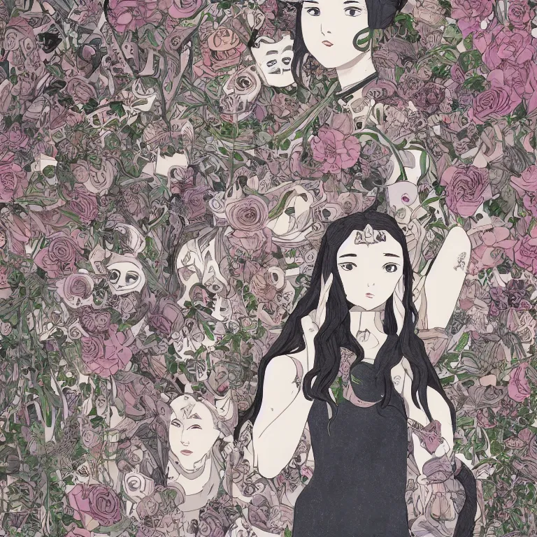 Prompt: young goddess, beautiful symmetrical face detailed face, realistic proportions, wearing a dark grey dress, peering from behind an enormous conical pile of skulls with flowers in the background, lush painting in the style of studio ghibli