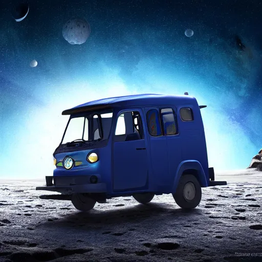 Image similar to a dark blue tuk tuk traveling on the surface of the moon, moon craters, night sky, milky way, hard lighting, matte painting, concept art, 4k