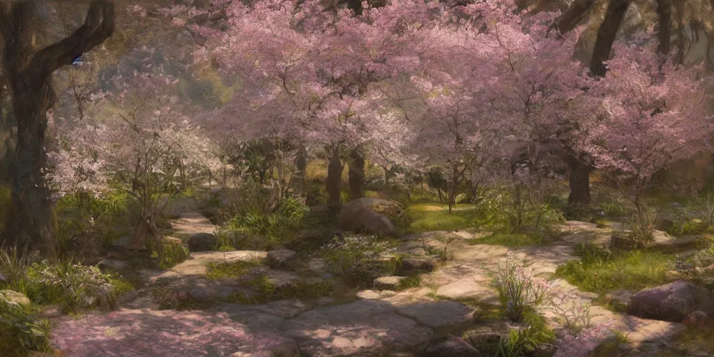 Image similar to spiritual journey through the garden of eden, sakura trees, sakura season dynamic lighting, landscape, artwork by jeremy lipkin and giuseppe dangelico pino and other unknown artists, 1 0 0 mm