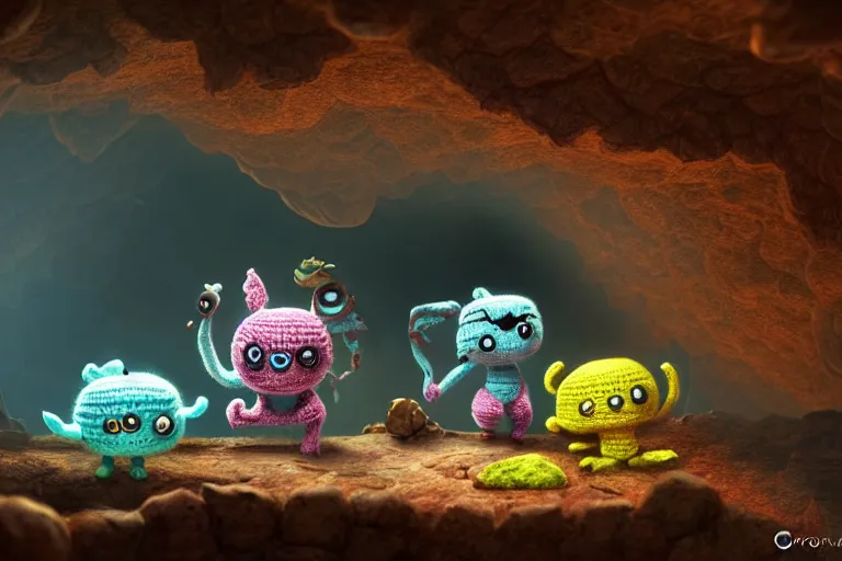 Image similar to an expedition of crochet cute monsters discovering a new cave underground. cute, illustration, digital art, inspired by little big planet, by greg rutkowski, detailed, sharp, masterpiece, highly detailed, photorealistic, octane render, 8 k, unreal engine 5, trending on artstation, vivid colors