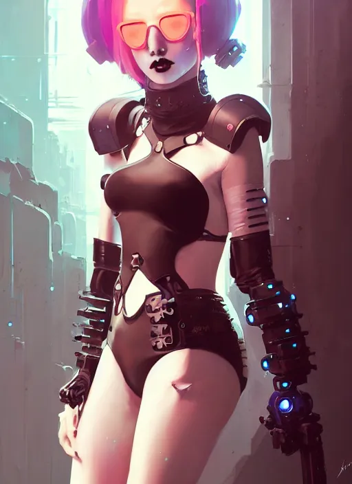 Image similar to portrait of cute goth girl in cyber bikini armor, warhammer, cyberpunk, by atey ghailan, by greg rutkowski, by greg tocchini, by james gilleard, by joe fenton, by kaethe butcher, by gustav klimt, dynamic lighting, gradient light blue, brown, blonde cream and white color in scheme, grunge aesthetic