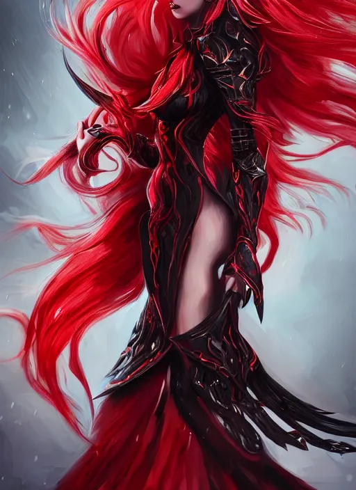 Image similar to a highly detailed illustration of fierce beautiful long white haired horned demon woman wearing red and black battle dress, dramatic imposing pose, perfect face, perfect body, intricate, elegant, highly detailed, centered, digital painting, artstation, concept art, smooth, sharp focus, league of legends concept art, wlop.