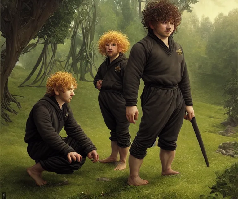 Image similar to portrait three hobbits as squatting slavs in black adidas track suits, caricature, highly detailed, digital painting, artstation, concept art, sharp focus, cinematic lighting, illustration, art by met mangindaan, artgerm and greg rutkowski, alphonse mucha, cgsociety