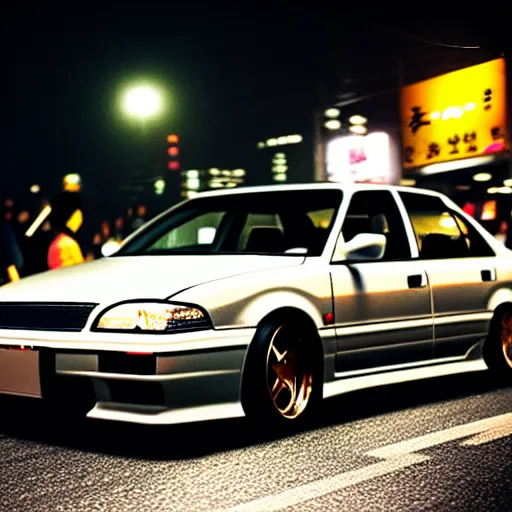 Image similar to a car JZX100 at illegal car meet, Shibuya prefecture, city midnight mist, cinematic color, photorealistic, highly detailed, 200MM