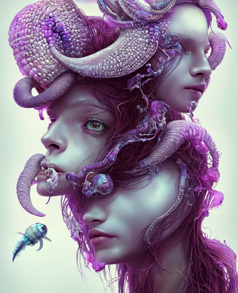 Image similar to goddess princess beautiful woman face close-up portrait ram skull. jellyfish phoenix head, nautilus, orchid, skull, betta fish, bioluminiscent creatures, intricate artwork by Tooth Wu and wlop and beeple. octane render, trending on artstation, greg rutkowski very coherent symmetrical artwork. cinematic, hyper realism, high detail, octane render, 8k