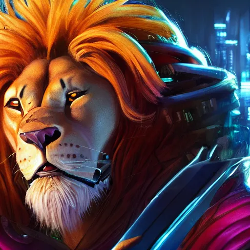 Image similar to highly detailed Liono from Thundercats, sword of omens, cyberpunk, concept art, character art, studio lightning, bright colors, intricate, masterpiece, photorealistic, hyperrealistic, sharp focus, high contrast, Artstation HQ, DeviantArt trending, 8k UHD, Unreal Engine 5