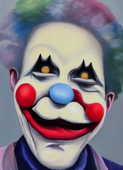 Prompt: clown, asymmetric!!!, oil paint, bleak colors