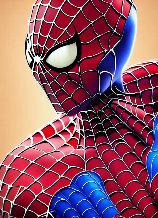 Image similar to studio portrait of lawful good colorful spiderman divine mech paladin as absurdly beautiful, elegant, young pretty gravure idol, ultrafine hyperrealistic detailed face illustration by kim jung gi, irakli nadar, intricate linework, sharp focus, bright colors, matte, octopath traveler, final fantasy, unreal engine highly rendered, global illumination, radiant light, intricate environment