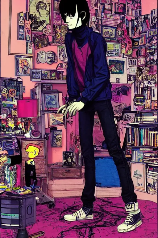 Image similar to a skinny goth guy standing in a cluttered 9 0 s bedroom by jamie hewlett, jamie hewlett art, full body character concept art, vaporwave colors, digital painting, hd, ultra hd, detailed, award winning, small details, artgerm art, sabas apterus art,