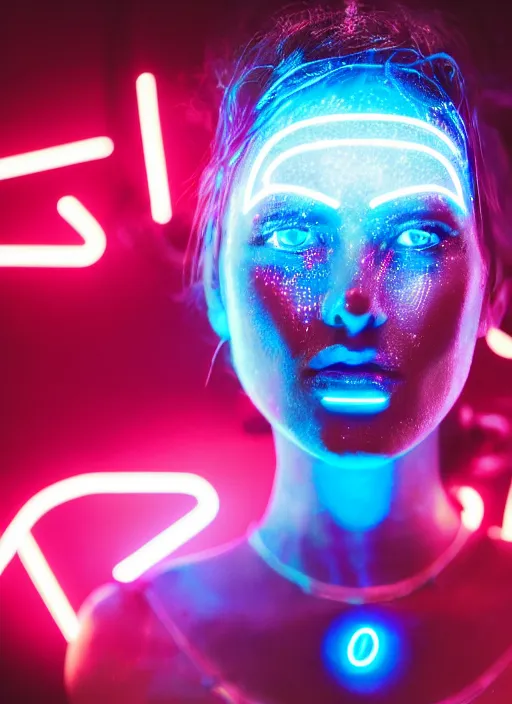 Prompt: a 3 5 mm photo of a cybernetic woman with led lights and neon with chrome details, splash art, movie still, bokeh, canon 5 0 mm, cinematic lighting, dramatic, afrofuturism, film, photography, golden hour, depth of field, award - winning, anamorphic lens flare, 8 k, hyper detailed, 3 5 mm film grain