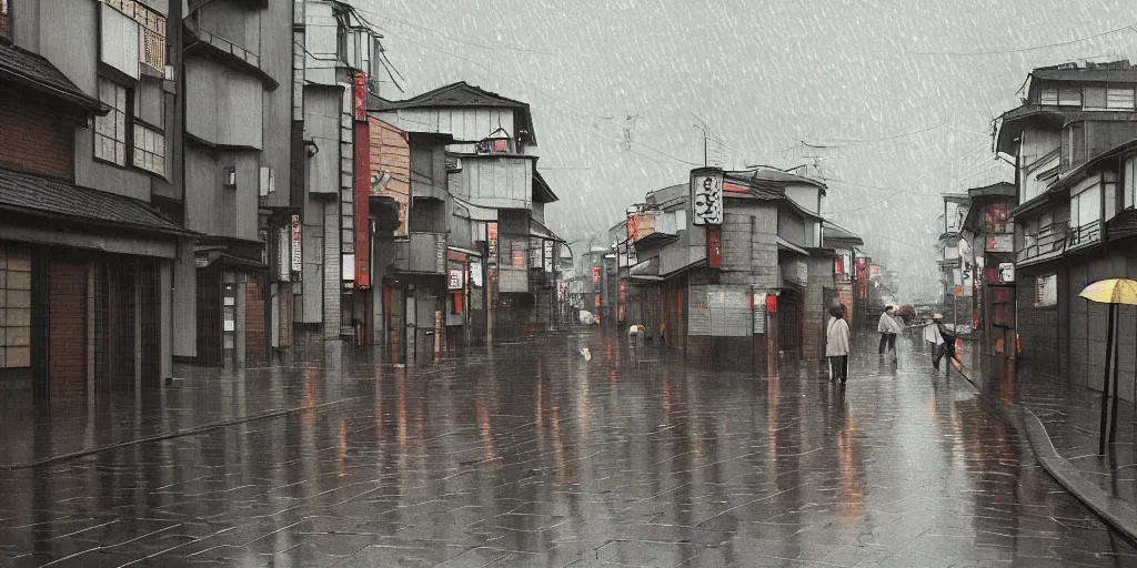 Image similar to a typical japanese city street in the rain, vermeer painting, dark academia aesthetic, matte painting, photorealistic, grey overcast day