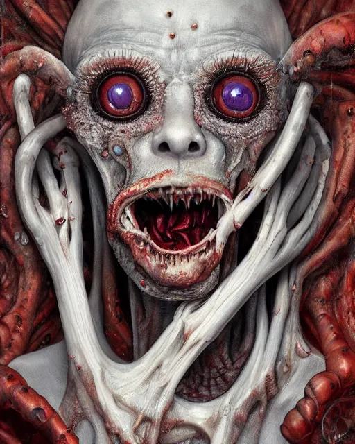 Prompt: Haunting horrifying hyperrealistic detailed painting of a tall slim surreal extraterrestrial creature made of bone texture, gelatinous goo oozing from mouth, heavy metal, and bloodshot eyeballs, hyper detailed, trending on Artstation