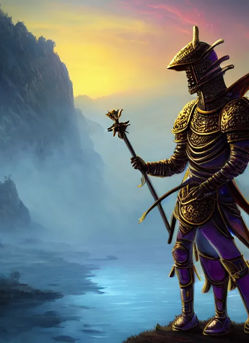 Prompt: a knight in armor decorated with roses and gold holds a flaming sword on a cliff as he watches a violet sunrise on an alien planet. by Ciryl Rolando, hyperrealistic illustration, digital art, studio lightning, very detailed faces