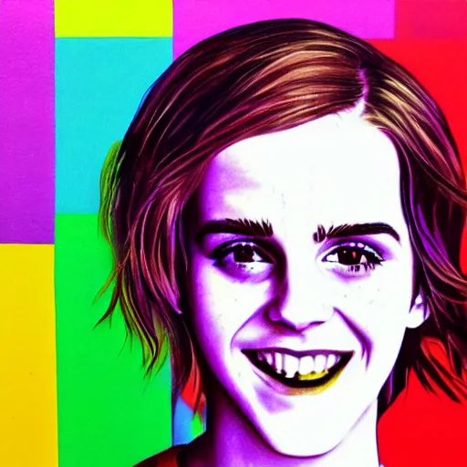Prompt: rainbow smiling happy emma watson age 1 7 as hermione. pop art.