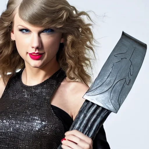 Prompt: taylor swift posing holding a giant sword, high quality studio photograph