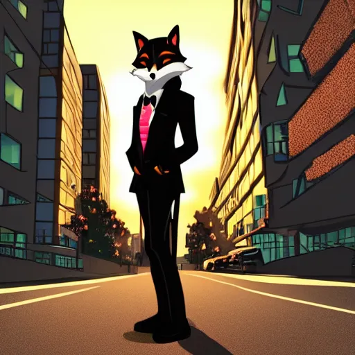 Prompt: a black anthropomorphic male fox furry wearing a fancy suit in the city at sunset, modern anime style