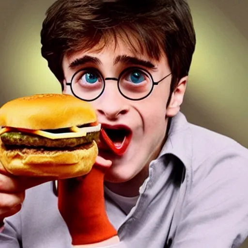 Image similar to Harry Potter eating a cheeseburger, photo realistic, award-winning, highly-detailed, epic, cinematic, dramatic