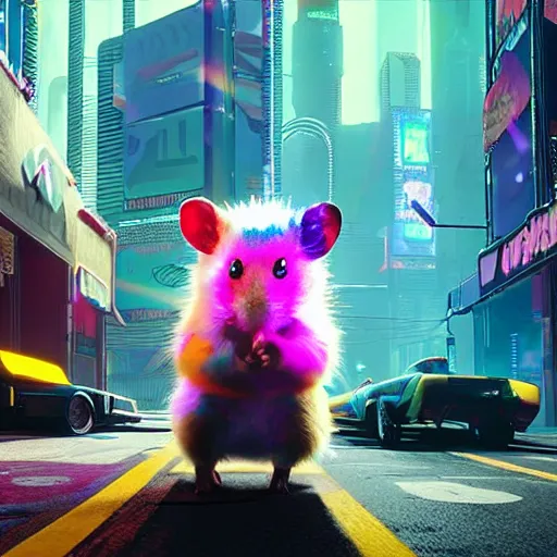 Image similar to hamster with rainbow fur in the style of cyberpunk 2 0 7 7, 8 k, hd, light reflection