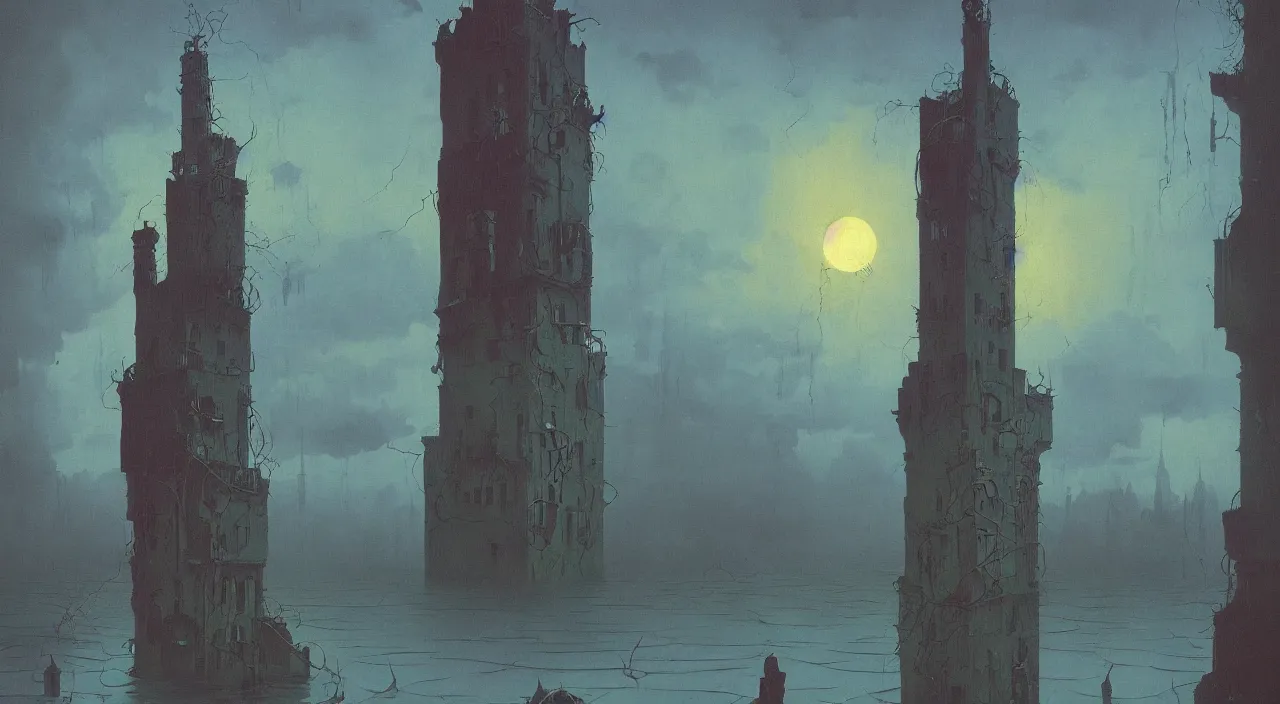 Prompt: single flooded simple cosmic horror tower, very coherent and colorful high contrast!! masterpiece by rene magritte simon stalenhag carl spitzweg syd mead norman rockwell edward hopper james gilleard, minimalist, dark shadows, sunny day, hard lighting