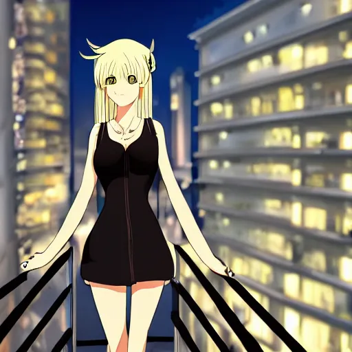 Prompt: a blonde woman with a ponytail wearing black stands on her balcony over a city street at night, anime style, 4k