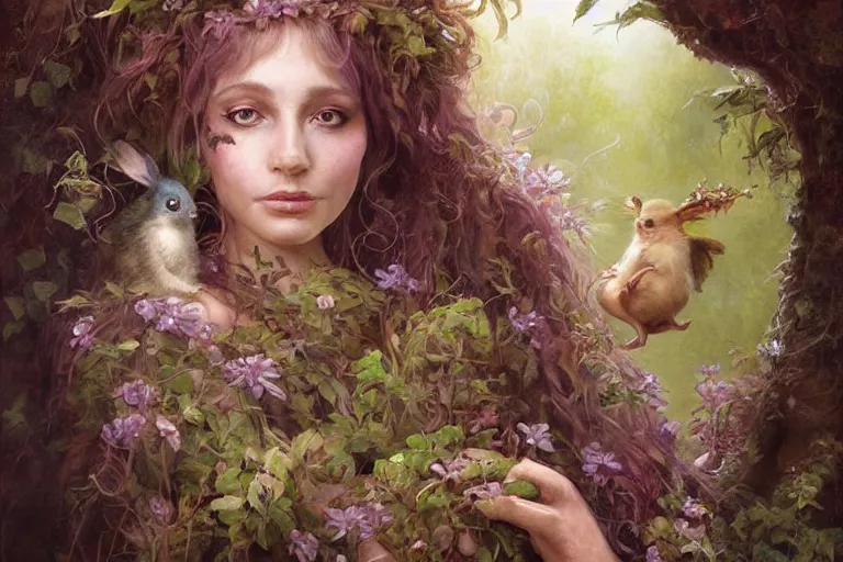 Image similar to portrait character design painting, dryad musician inspired by brian froud, portrait, accompanied by a cute feathered mouse, studio lighting by jessica rossier and brian froud and gaston bussiere