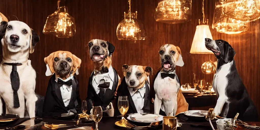 Prompt: dogs wearing suits and dresses eating dinner at a fancy restaurant, very atmospheric lighting, award winning photo, masterpiece