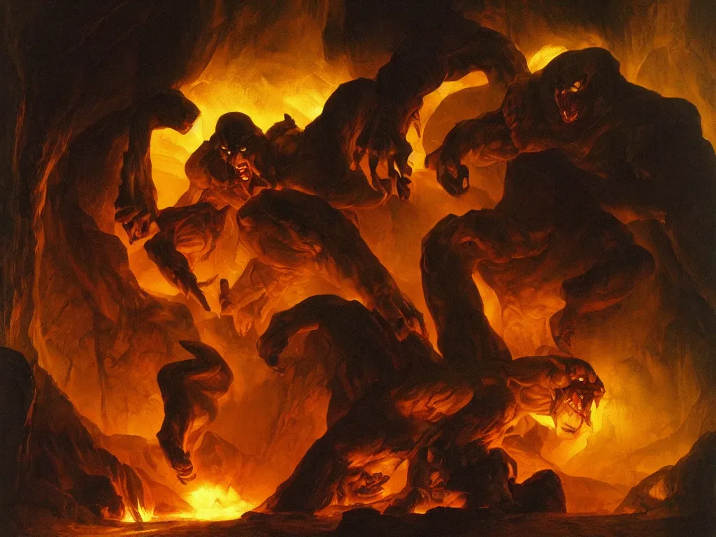 Prompt: balrog emerging from the depths of moria. painting by georges de la tour