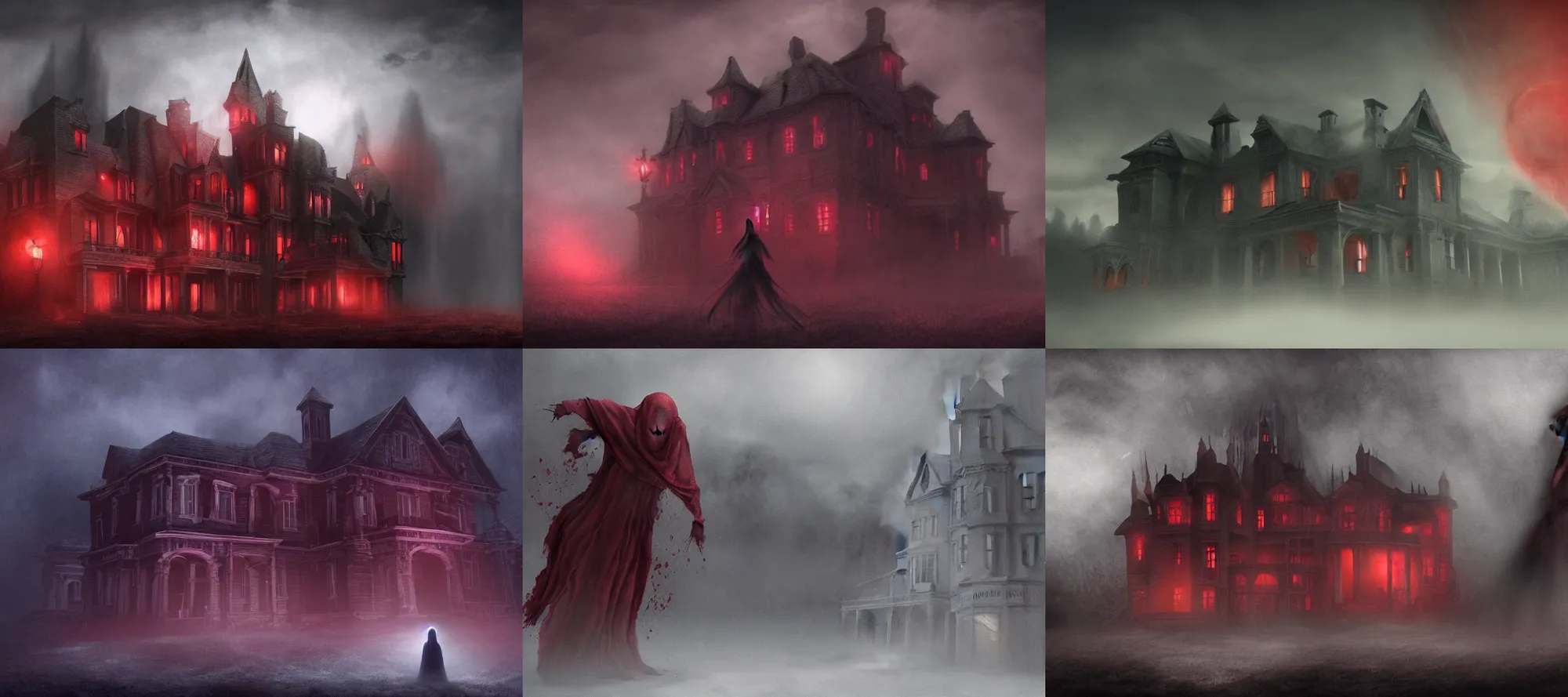 Prompt: A ghastly wraith haunts its mansion, shadows, matte painting, close angle, ghost, angry, red lighting, gloomy