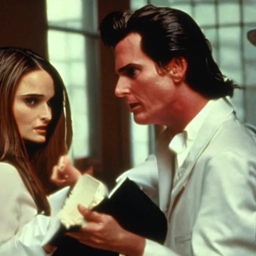 Prompt: patrick bateman on a date with natalie portman, cinematic