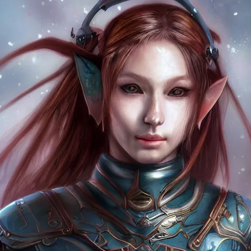 Image similar to portrait of a female elf orc by ayami kojima, she is about 2 0 years old, american pretty, copper hair, annoying but friendly, she is wearing a modern tactical gear, scifi, highly detailed portrait, digital painting, artstation, concept art, smooth, sharp foccus ilustration, artstation hq