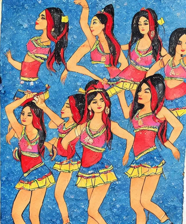 Image similar to a persian miniature painting, cute cheerleaders dancing, shorts, ultra sharp, extra details, ultra high quality, trending on pinteresst