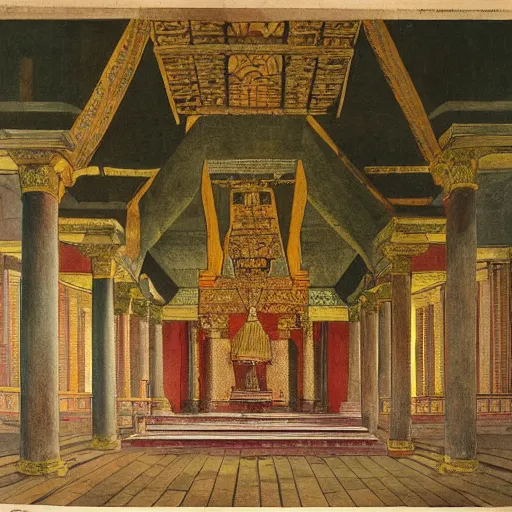 Prompt: 1 9 th century historical painting representing interior of the royal hall of sukhothai, throne, servers, cables, high quality, hermitage museum catalog