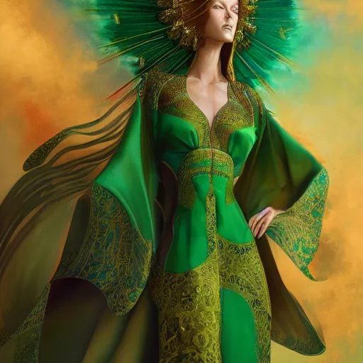 Prompt: a beautiful woman wearing a green kaftan made of silk with golden ornaments by alex gray and android jones , Karol Bak, Ayami Kojima, Amano , concept art, character design, fantasy,3D, 8k resolution