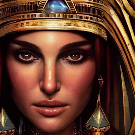 Image similar to closeup portrait of natalie portman as cleopatra, city background, dramatic light, gorgeous view, depth, high detail, digital art, painted by greg rutkowski and seb mckinnon, trending on artstation