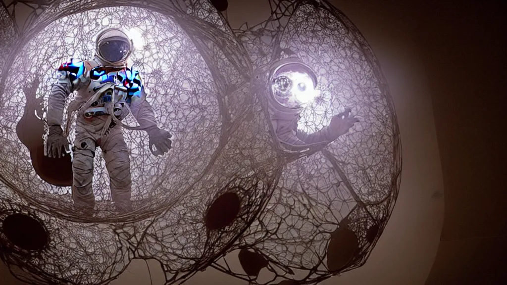 Image similar to a single astronaut eva suit interwoven with diamond 3d fractal lace iridescent bubble 3d skin and covered with insectoid compound eye camera lenses floats through the living room, film still from the movie directed by Denis Villeneuve with art direction by Salvador Dalí, wide lens,