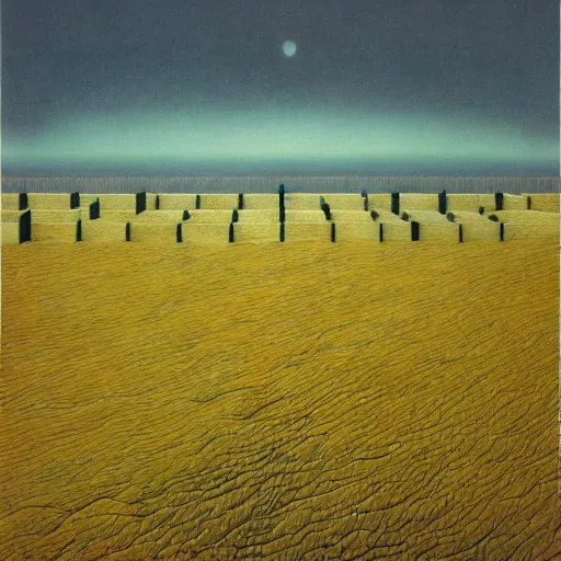 Prompt: boxes lined up across the horizon next to each other, zdzislaw beksinski