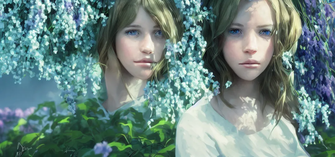 Image similar to a beautiful southern woman named Savannah, innocent, somber turquoise eyes, freckles, long ginger hair tied with white ribbon, sad under a wisteria plant, gentle lighting, storm in the distance, simple dress, digital art by Makoto Shinkai ilya kuvshinov and Wojtek Fus, digital art, concept art,