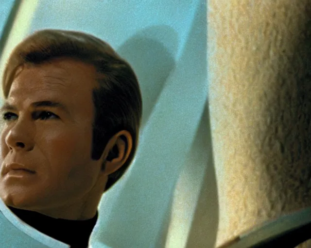 Prompt: film still from star trek, james kirk on an alien planet, octane, 2 8 mm macro, 1 9 6 8