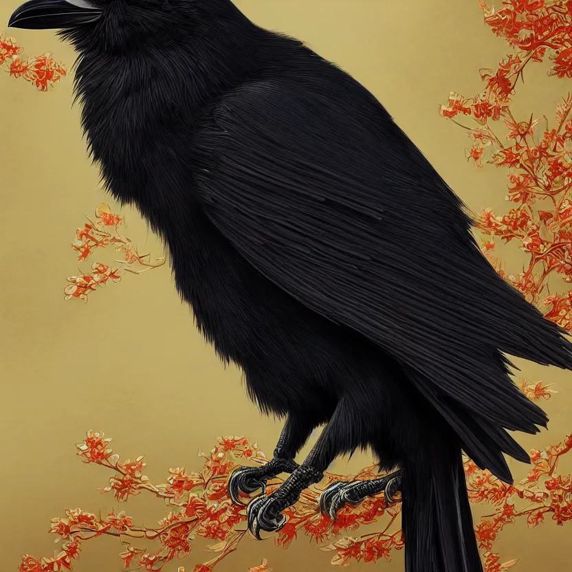 Prompt: beautiful angry black raven bird, cute, intricate, exquisite japanese asanoha background, highly detailed, digital painting, trending on artstation, concept art, smooth, sharp focus, backlit, rim light, vivid colors, illustration, unreal engine 5, 8 k, art by rossdraws and alphonse mucha