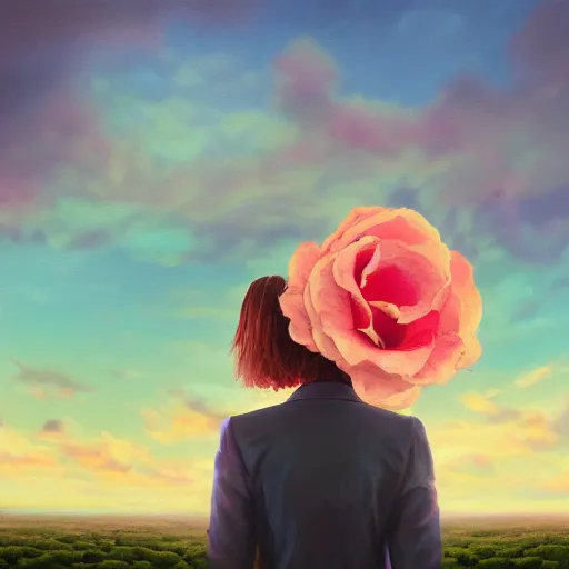 Image similar to closeup, giant rose flower head, frontal, girl in a suit, surreal photography, sunrise, blue sky, dramatic light, impressionist painting, digital painting, artstation, simon stalenhag