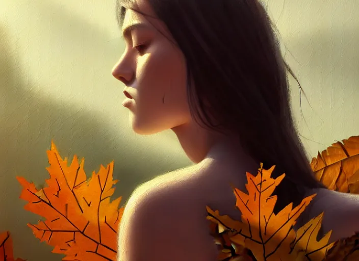 Prompt: landscape, a young woman between the ages of 2 0 - 2 5 years, wearing clothes made of leaves, fine art, modern realism, sharp focus, good lighting, trending on artstation, trending on tiktok, smooth drawing, elegant, authoritative, without anomalies.