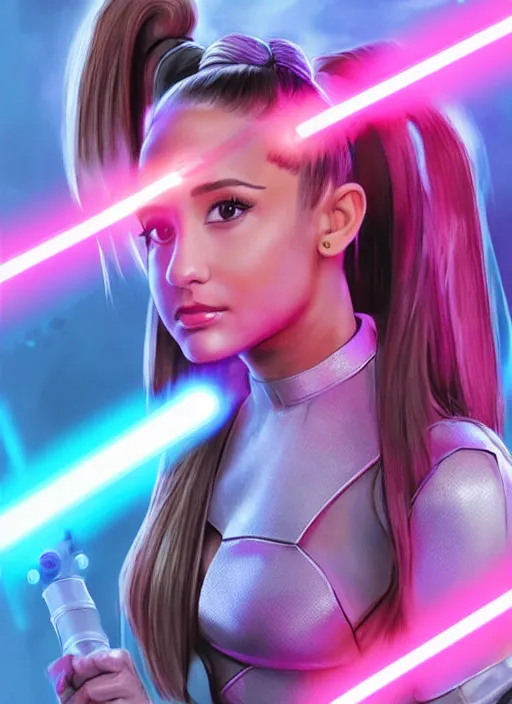 Image similar to Still action photo of Ariana Grande in the Star Wars universe holding two pink lightsabers in each hand. Maximum detail on artstation, photo realism, vivd details, vivd colour, volumetric lighting