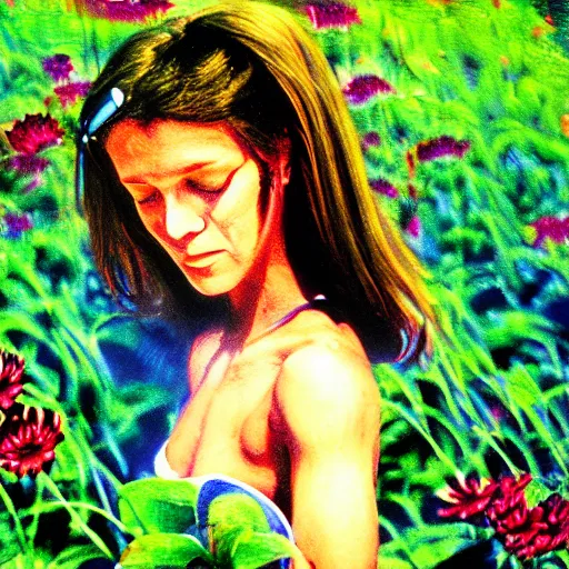 Prompt: a woman cyborg watering flowers, airbrush painting, 1 9 8 0 s digital scan grain