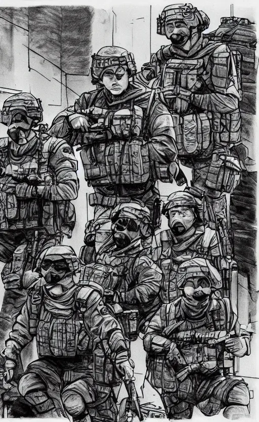 Prompt: four soldiers with tactical gear approaching a building illustrated by kim jung gius, very detailed drawing, comic book drawing, black and white, ink drawing, strong perspective drawing