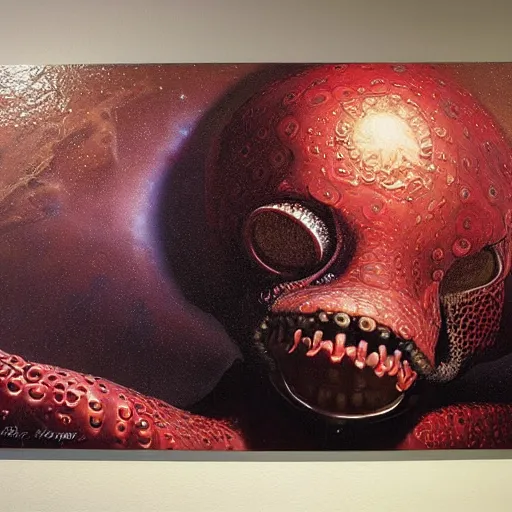 Prompt: UHD hyperrealistic photorealisitc, detailed red octopus astronaut, by Karol Bak, Greg Hildebrandt, and Mark Brooks, tonalism, Beksinski painting, art by Adrian Ghenie. masterpiece