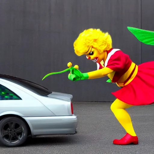 Image similar to ronald mcdonald fighting tinkerbell in a parking lot