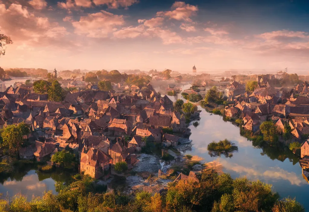 Image similar to a fantastic medieval township on the banks of a giant river, morning, beautiful, high contrast, 4 k, cinematic