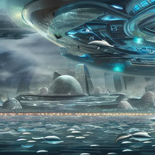 Image similar to an alien city of dolphins under the ocean, sci-fi digital art illustration,