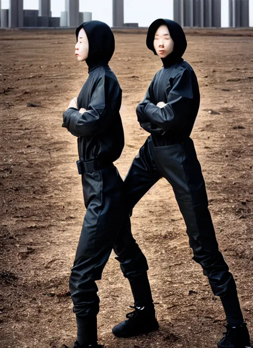 Image similar to cinestill 5 0 d photographic portrait of two caring clones, techwear women on a desolate plain, a brutalist dark metal building in the background, depth of field, 4 k, 8 k, hd, full color